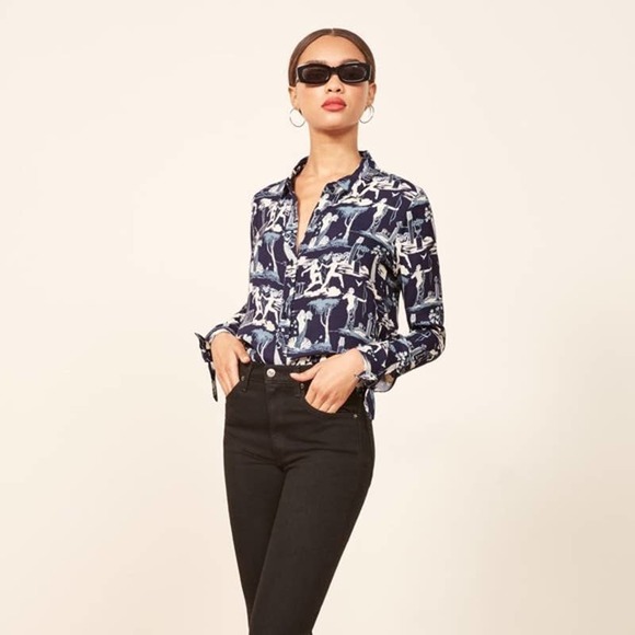 Reformation Corinne Button Up Printed Shirt Grecian Delphi Size L - Picture 2 of 10